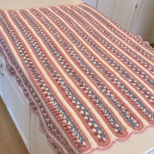 Hand made crocheted, pink and blue scalloped edge baby girl crib blanket 44”x50